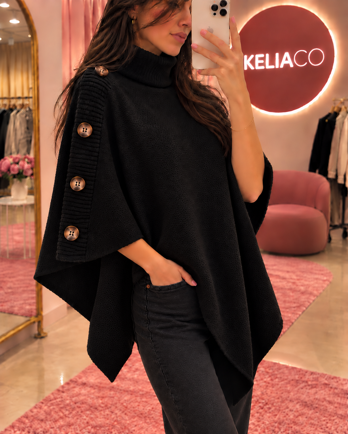 Poncho Nina noir en grosse maille, col roulé et boutons sur le côté, au studio KELIACO