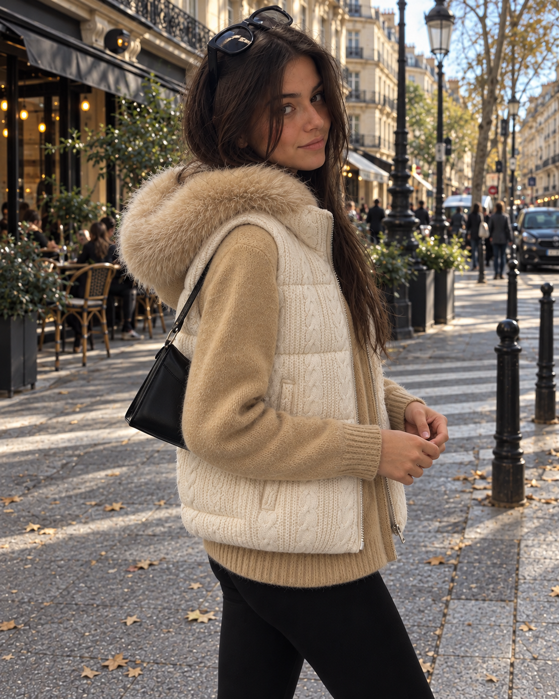 Doudoune sans manches Sana écrue en maille torsadée, portée sur le Cardigan Lia camel