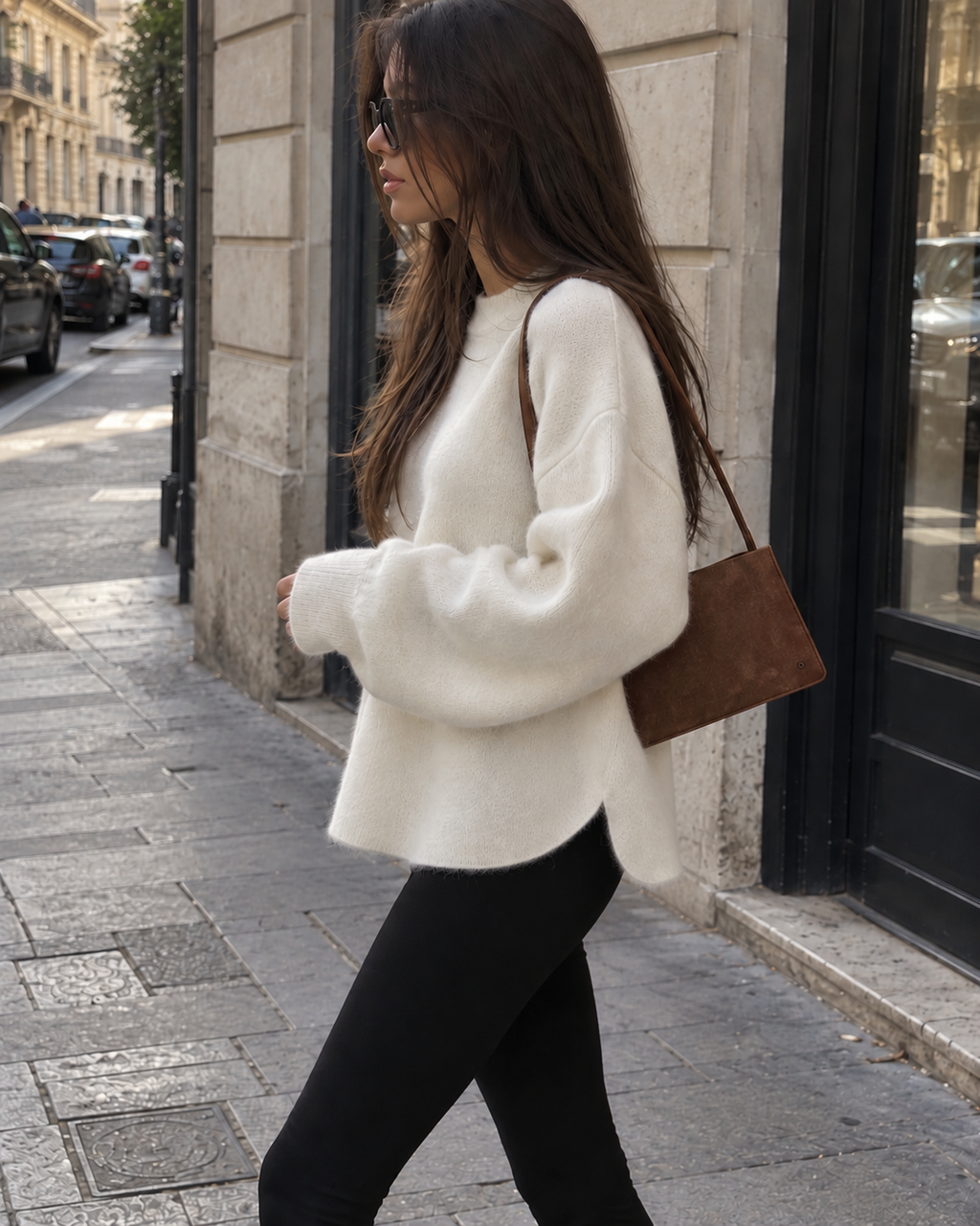 Pull Inès blanc long et oversize porté dans la rue