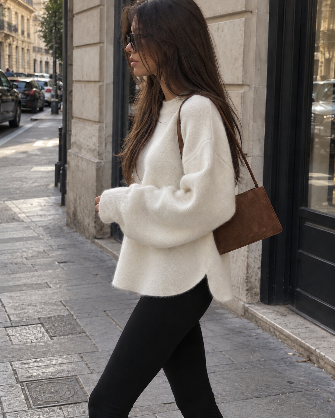 Pull Inès blanc long et oversize porté dans la rue