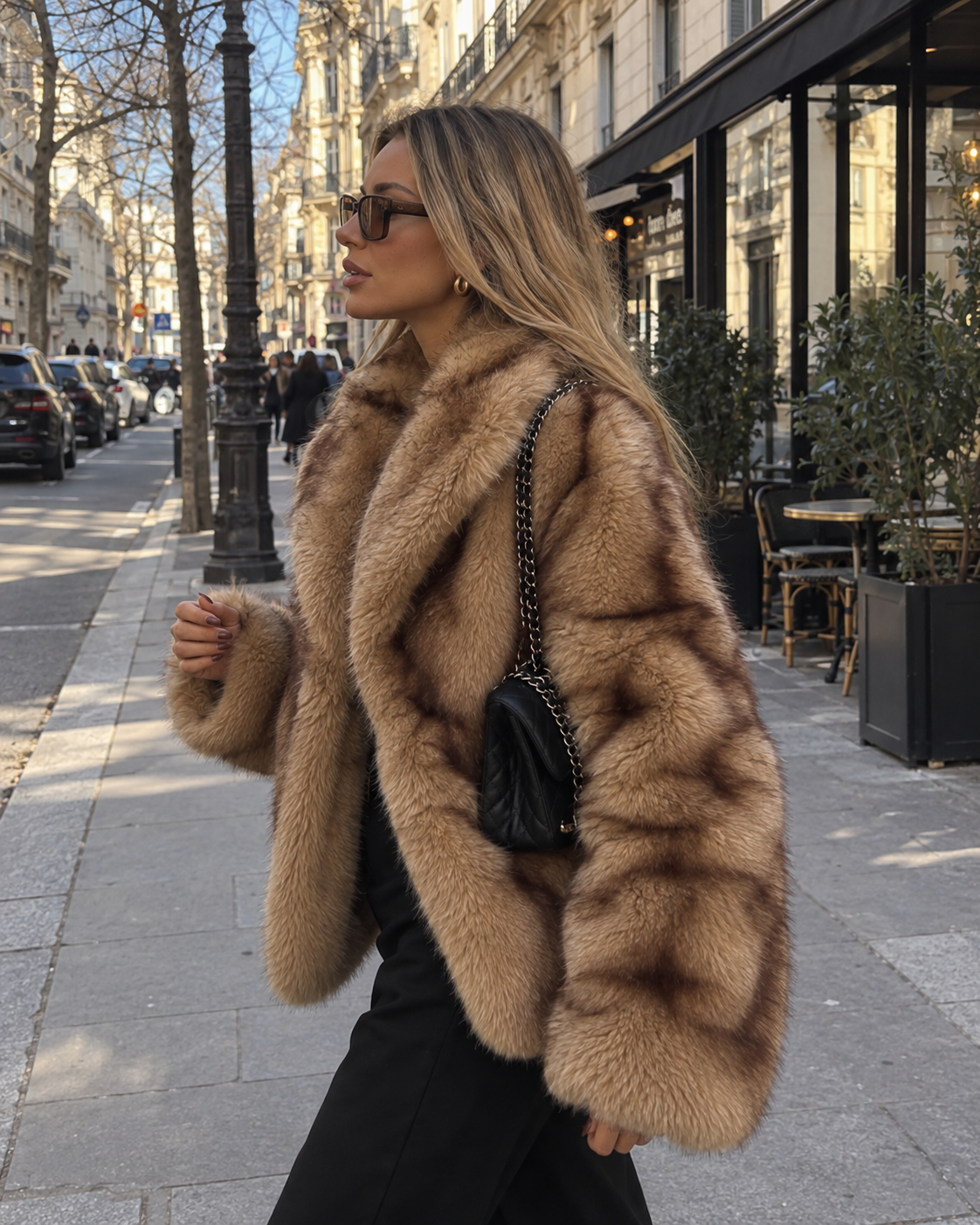 Veste Mélia fausse fourrure camel portée dans la rue