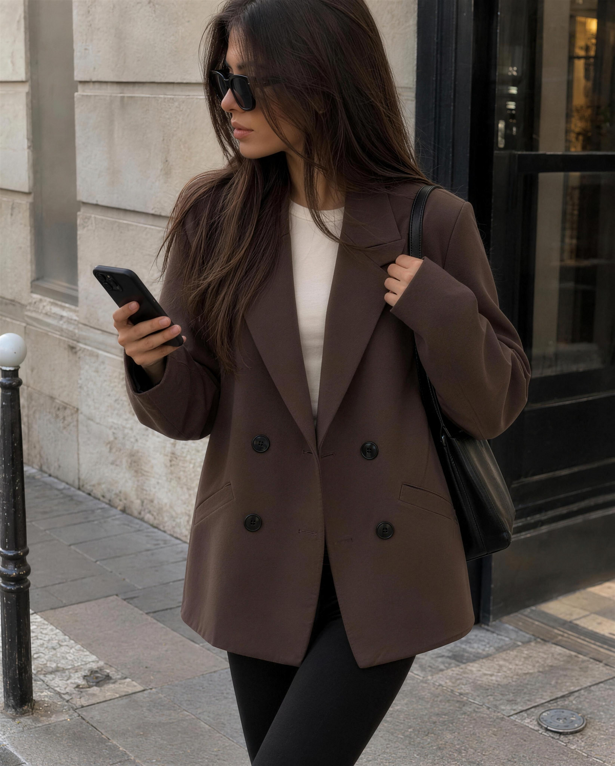 Blazer Alya marron porté dans la rue