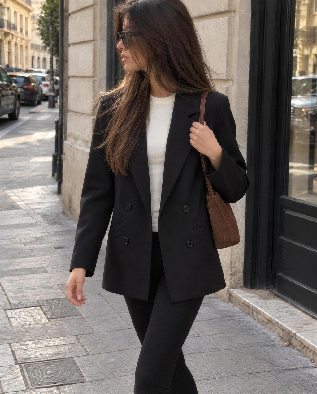 Blazer Alya noir croisé porté dans la rue