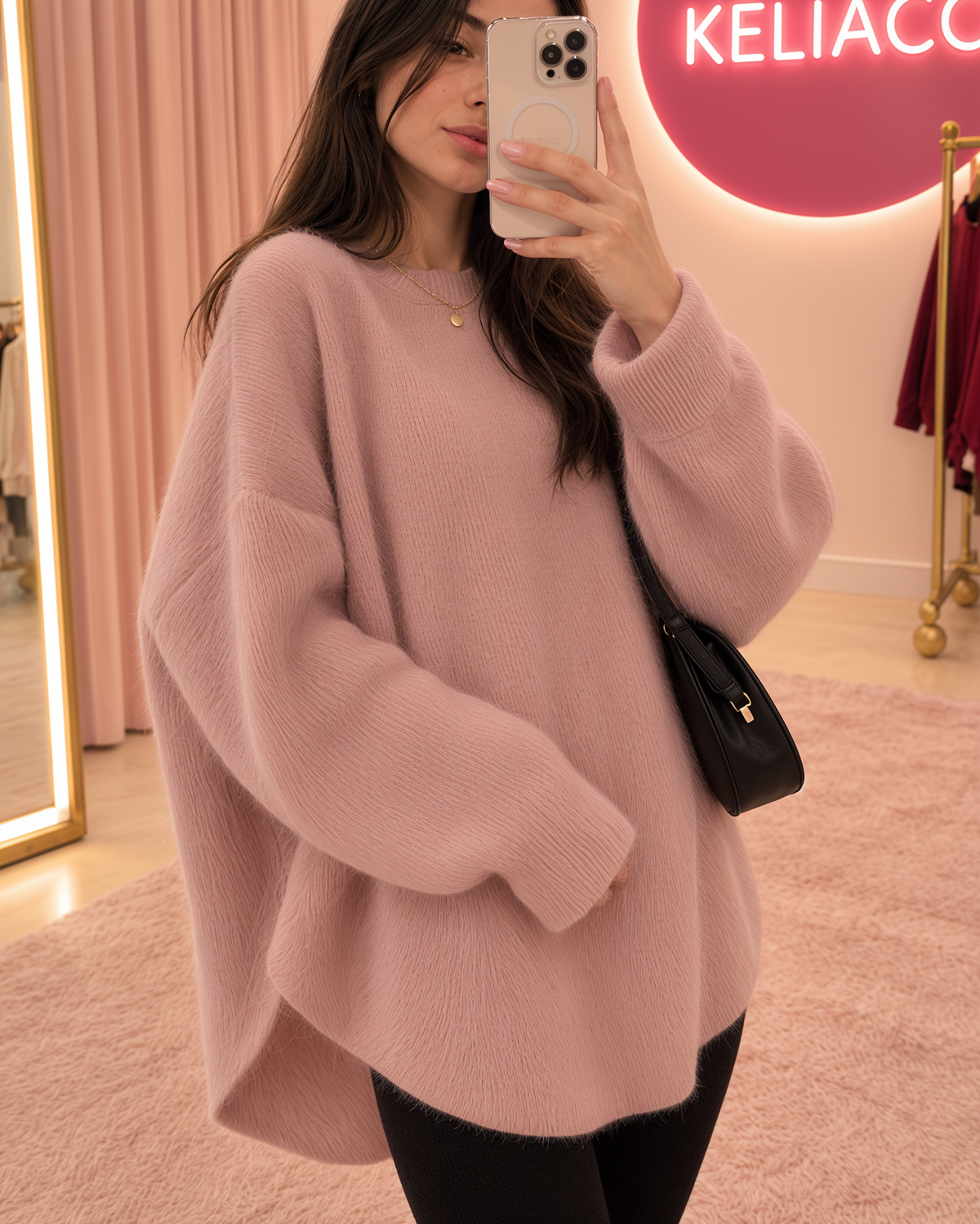 Pull Inès rose long et oversize, maille douce, au studio KELIACO